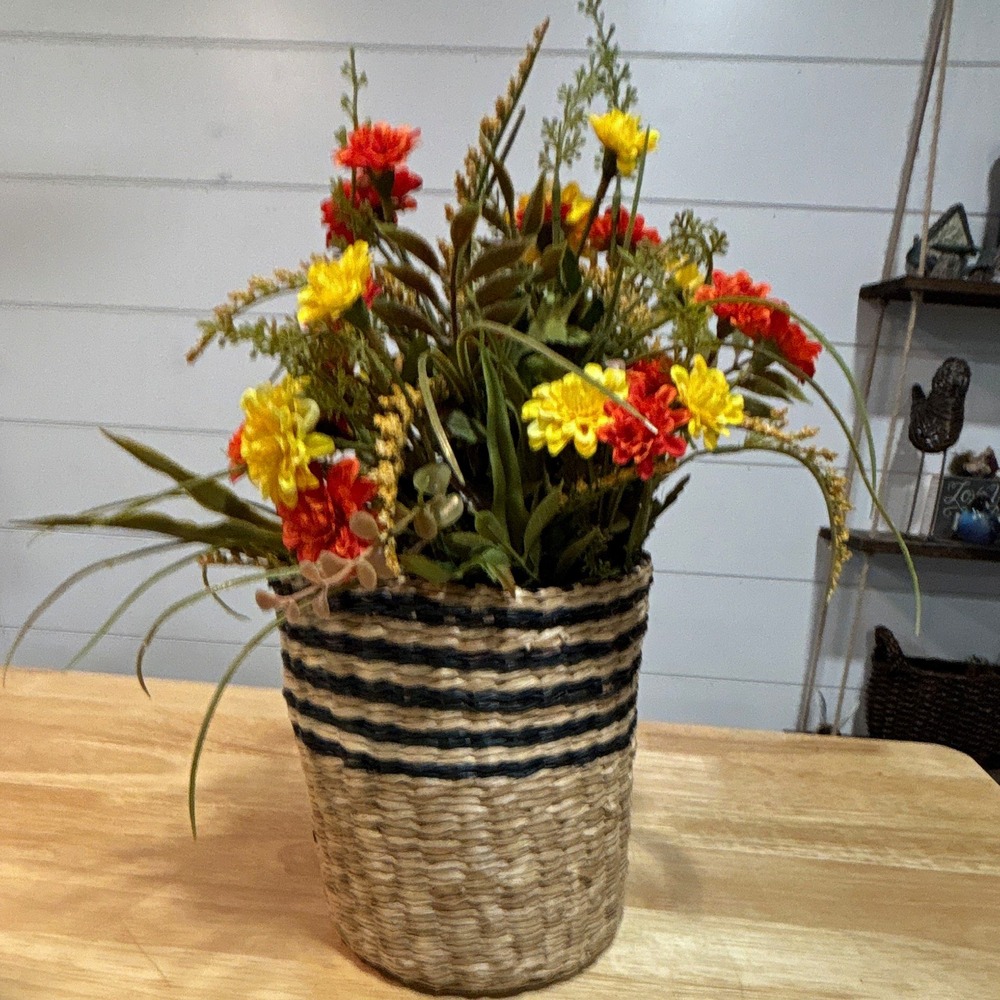 Round Wicker Basket Beige/Black Striped w/ Fall Colored Artificial Flowers 7 in